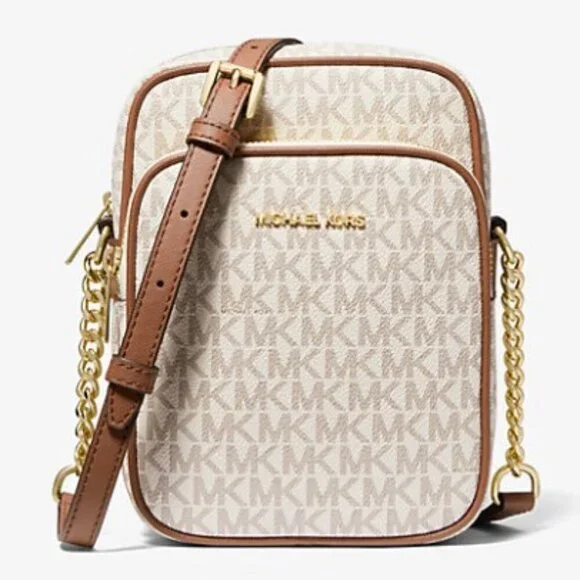 Michael Kors $398 Jet Set Travel Medium Signature Logo Crossbody Vanilla NWT - Picture 1 of 15